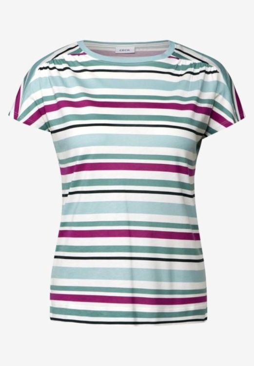 Cecil Striped Deco Shoulder T-Shirt (04.323194/matcha green) - WeekendMode