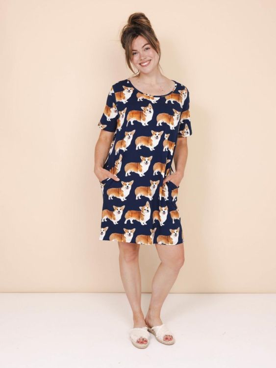 SNURK Corgi Navy T-Shirt Dress Women (Corgi Navy Dress Women/Blauw) - WeekendMode