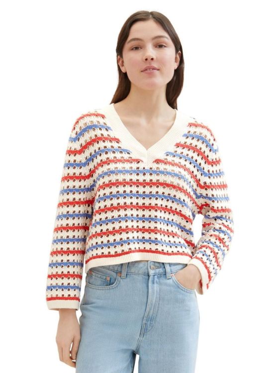 Tom Tailor Female Denim open knit pullover (1040755/34684 blue red white stripe) - WeekendMode