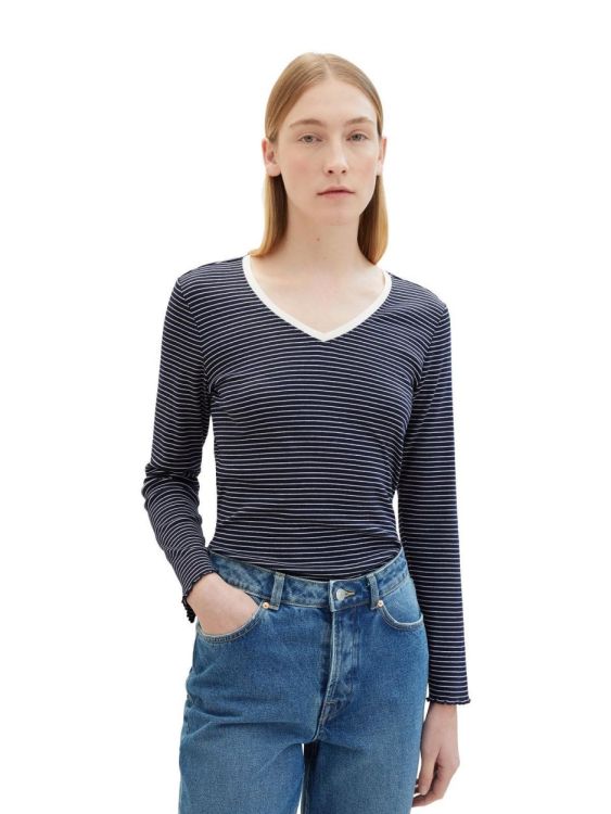 Tom Tailor Women T-shirt v-neck stripe (1040559/34756 offwhite navy stripe) - WeekendMode